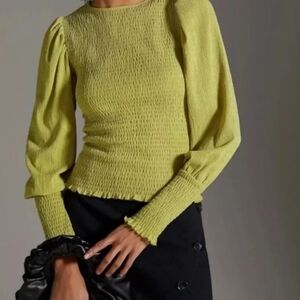 Anthropologie Shirt Women Small Green Puff Sleeve Smocked Blouse Top Size: XL